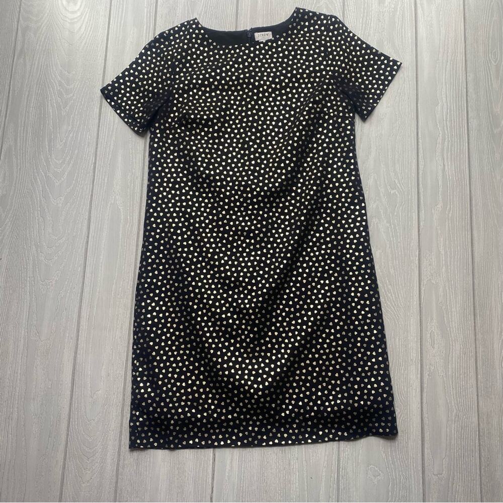 J. Crew Women's Black Short Sleeve Shift Dress With Gold Metallic Hearts Size 0